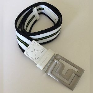 J Lindeberg White/Black/Green Golf Belt Steel Buckle Leather Stripe Canvas 30 IT